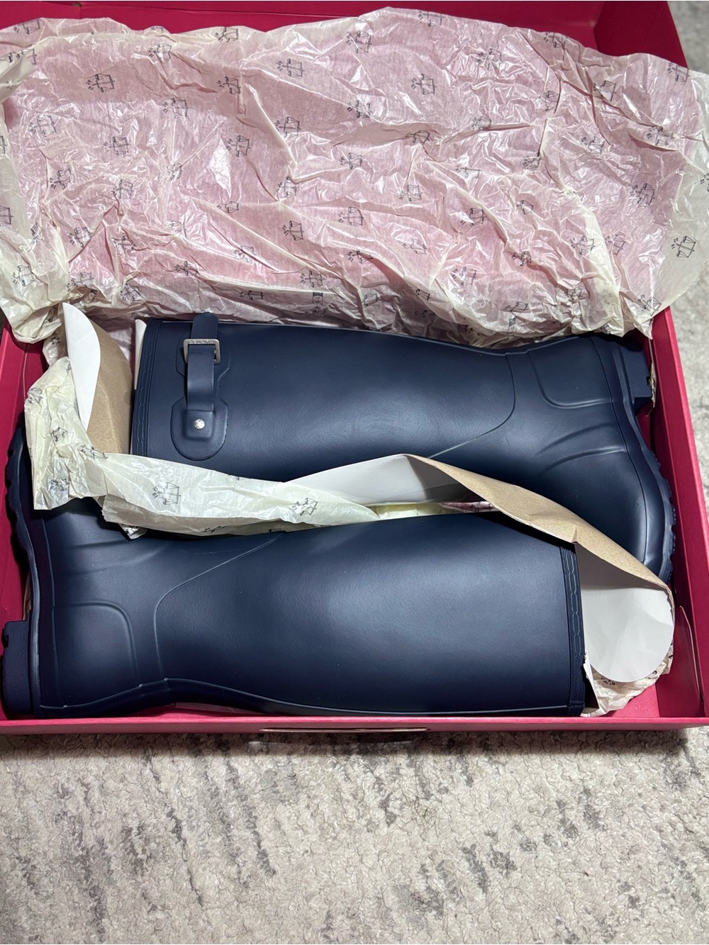 Hunter Navy Tall Waterproof Rain Boots with Side Buckle